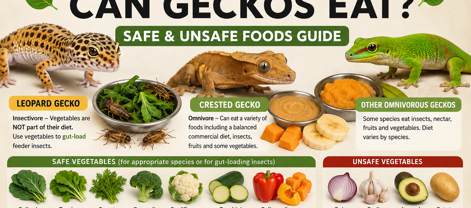 What vegetables can geckos eat? A species-specific guide showing Leopard Gecko, Crested Gecko, suitable vegetables, and feeding considerations.