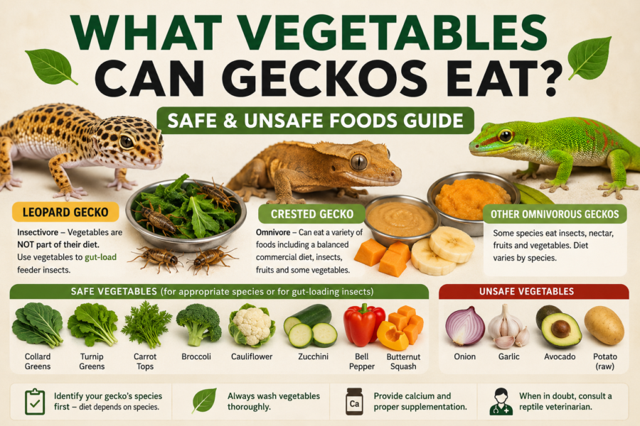What Vegetables Can Geckos Eat? Safe & Unsafe Foods Guide 17 What vegetables can geckos eat? A species-specific guide showing Leopard Gecko, Crested Gecko, suitable vegetables, and feeding considerations.