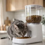 Gray tabby cat eating dry kibble from a modern automatic cat feeder — the best automatic cat feeders keep meals on schedule