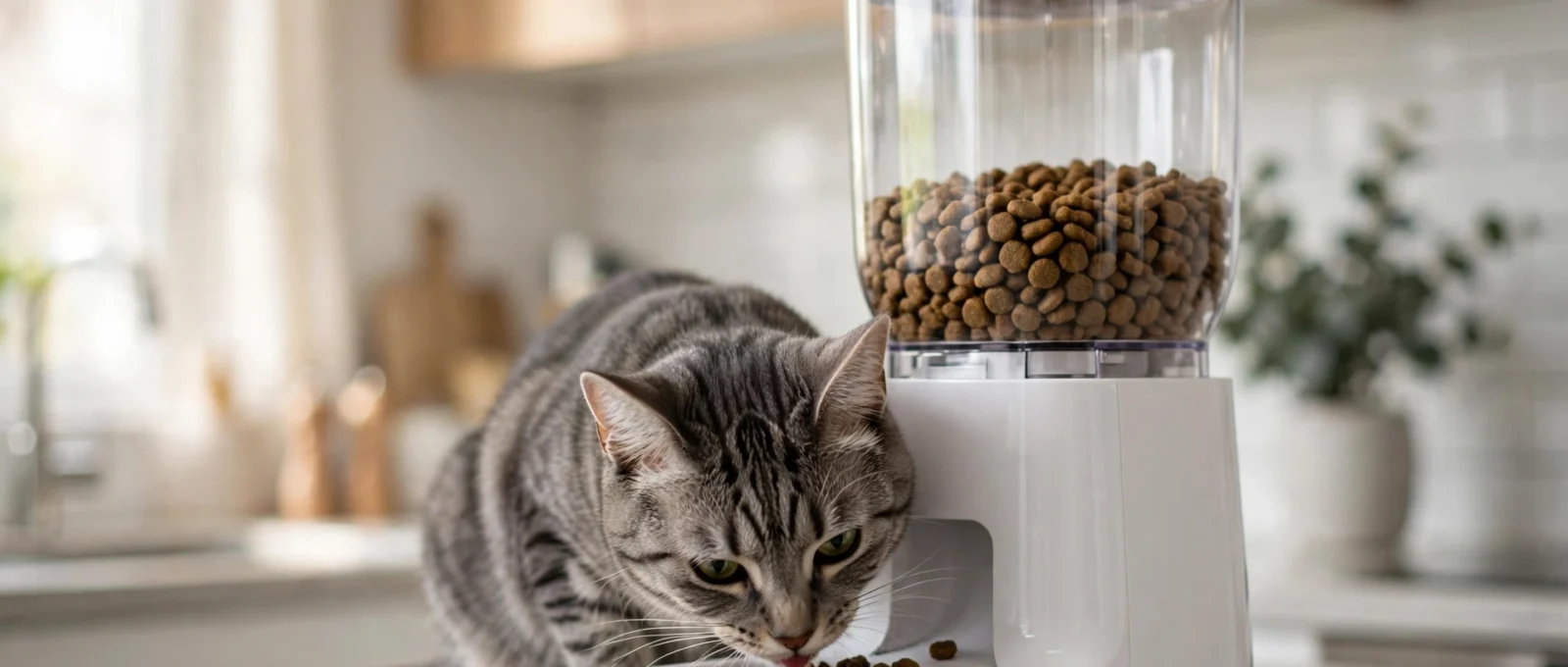 Gray tabby cat eating dry kibble from a modern automatic cat feeder — the best automatic cat feeders keep meals on schedule