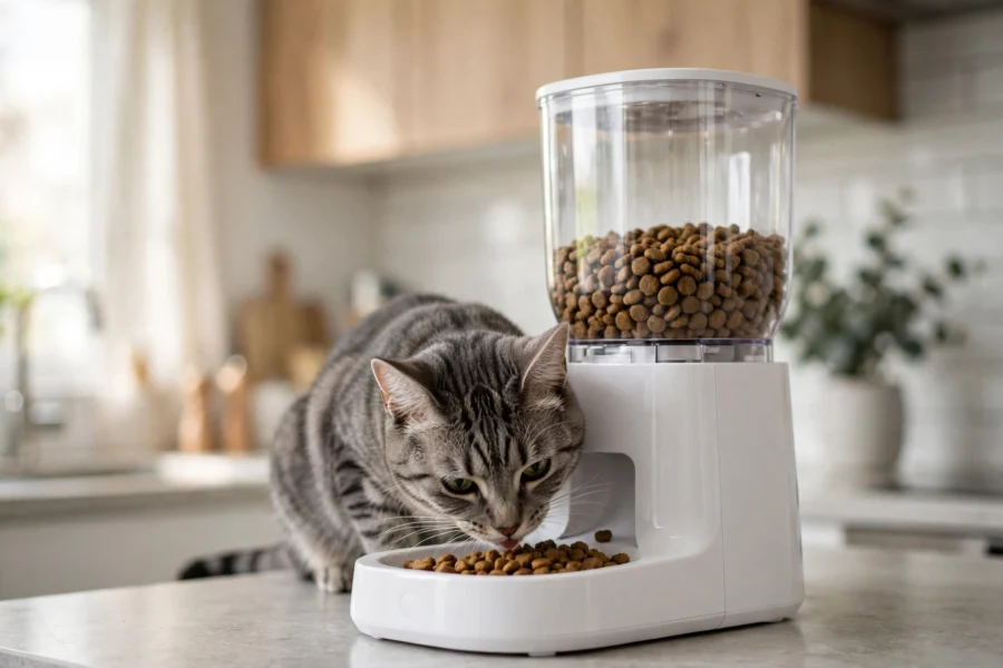 Gray tabby cat eating dry kibble from a modern automatic cat feeder — the best automatic cat feeders keep meals on schedule
