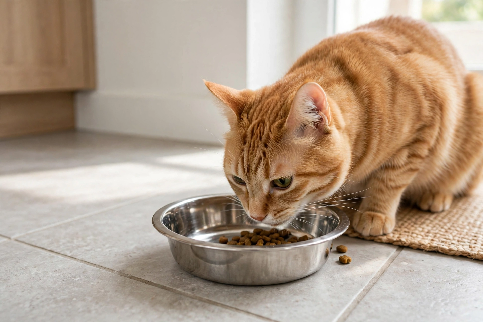 Best Automatic Cat Feeders: 8 Top Picks for Every Budget (2026) 12 Orange tabby cat eating a measured portion of dry food — automatic feeders with portion control prevent overfeeding