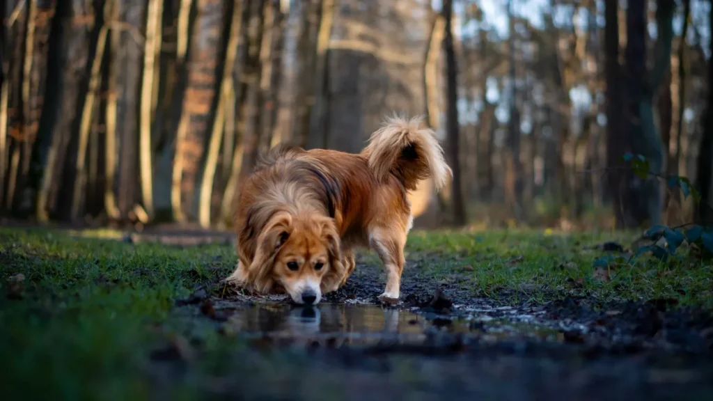 Dog drinking water on a walk — bring water on long walks