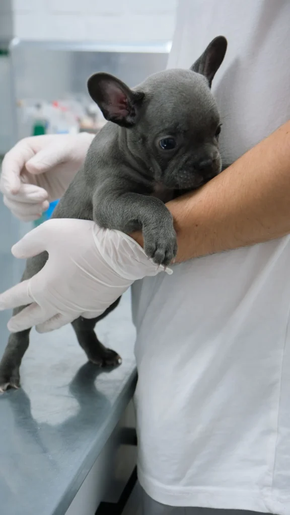 Pet Insurance for French Bulldogs: Costs & Tips (2026) 13 Gray French Bulldog puppy being held at a veterinary clinic