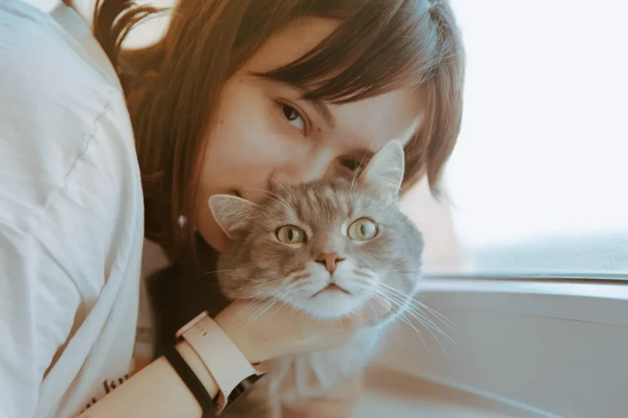 Happy cat bonding closely with its owner