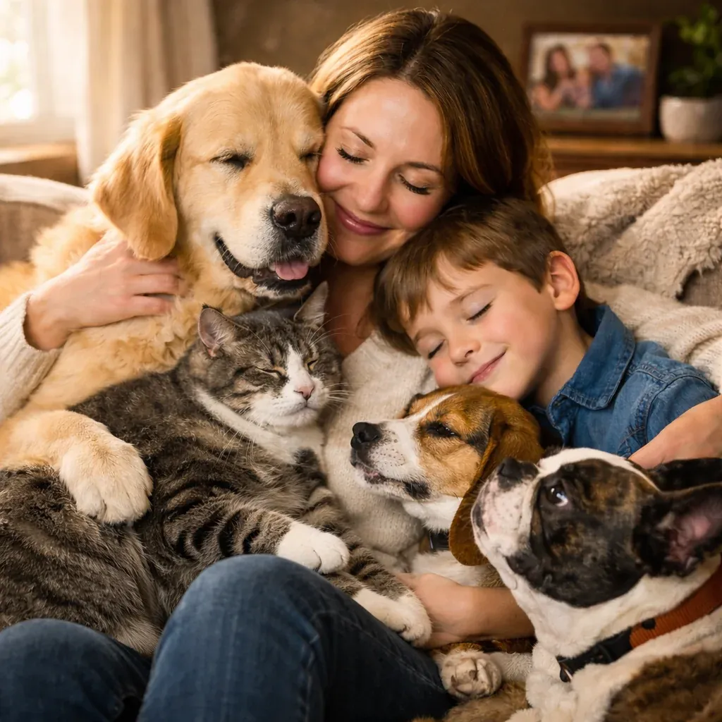 A family at home with their dog and cat — one shared policy can cover up to three pets under a family plan.