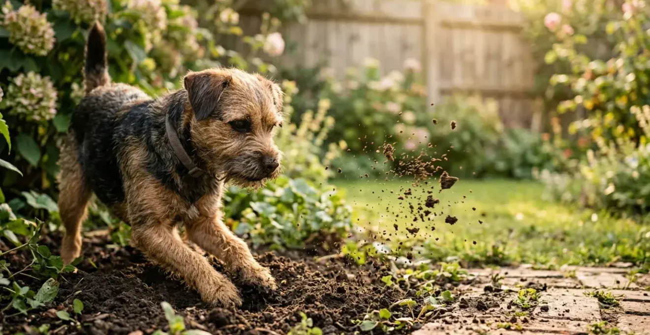 Terrier digging in garden soil — prey drive makes the yard a hunting ground