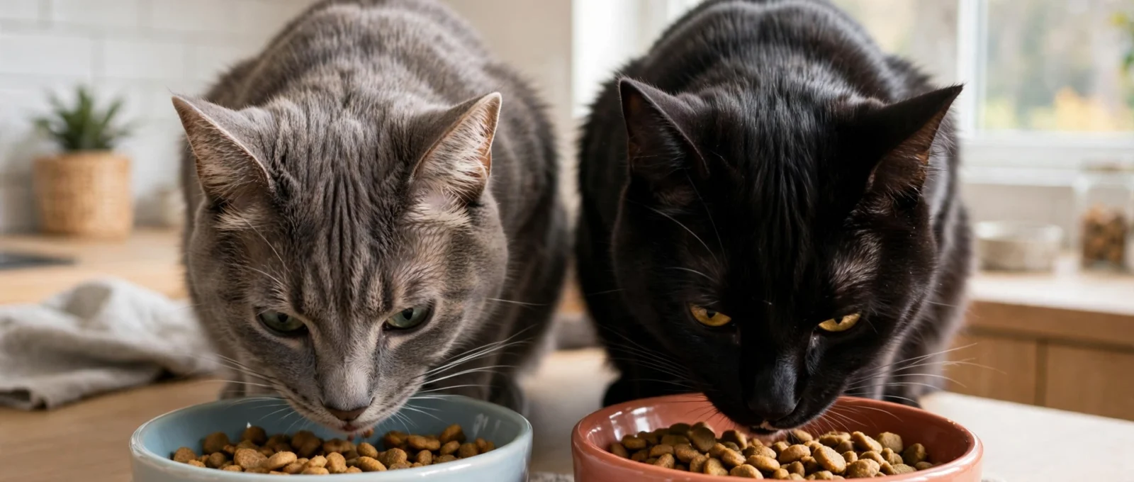 multi-pet insurance - two cats eating from separate bowls