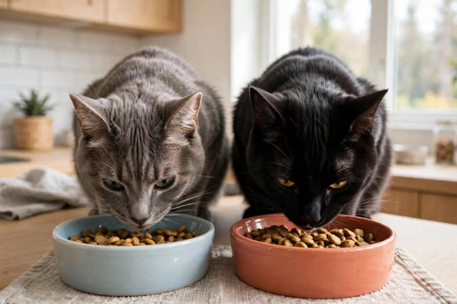 multi-pet insurance - two cats eating from separate bowls