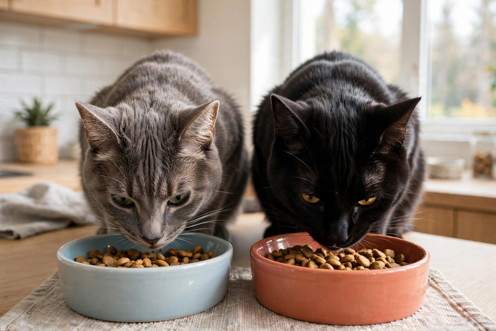 Best Automatic Cat Feeders: 8 Top Picks for Every Budget (2026) 14 Two cats eating from separate bowls — microchip feeders stop food stealing in multi-cat homes