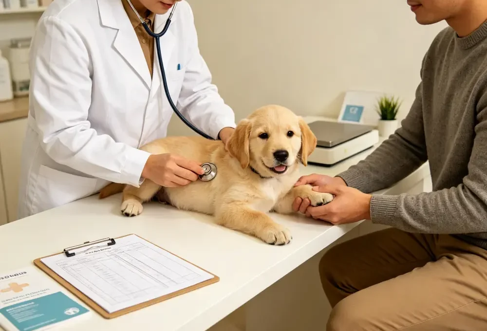 Veterinarian examining a young dog at a vet clinic — enroll in pet insurance before any diagnosis lands on the vet record
