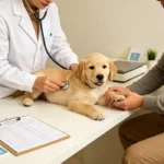 Veterinarian examining a young dog at a vet clinic — enroll in pet insurance before any diagnosis lands on the vet record