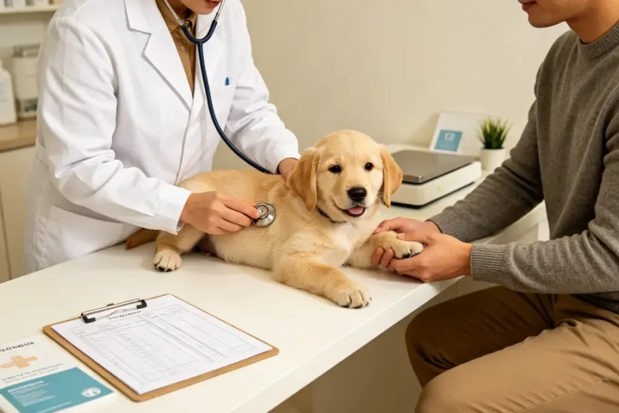 Spot vs Lemonade: Honest Comparison 17 Veterinarian examining a young dog at a vet clinic — enroll in pet insurance before any diagnosis lands on the vet record