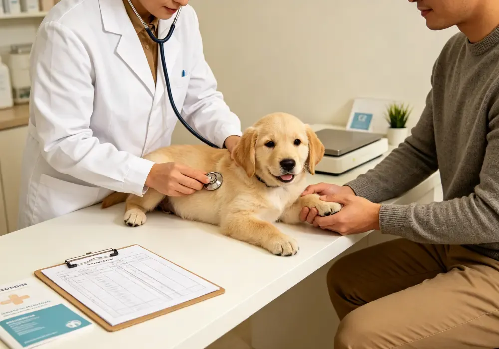 When to Get Pet Insurance: The Best Time to Enroll Your Pet 12 Veterinarian examining a young dog at a vet clinic — enroll in pet insurance before any diagnosis lands on the vet record