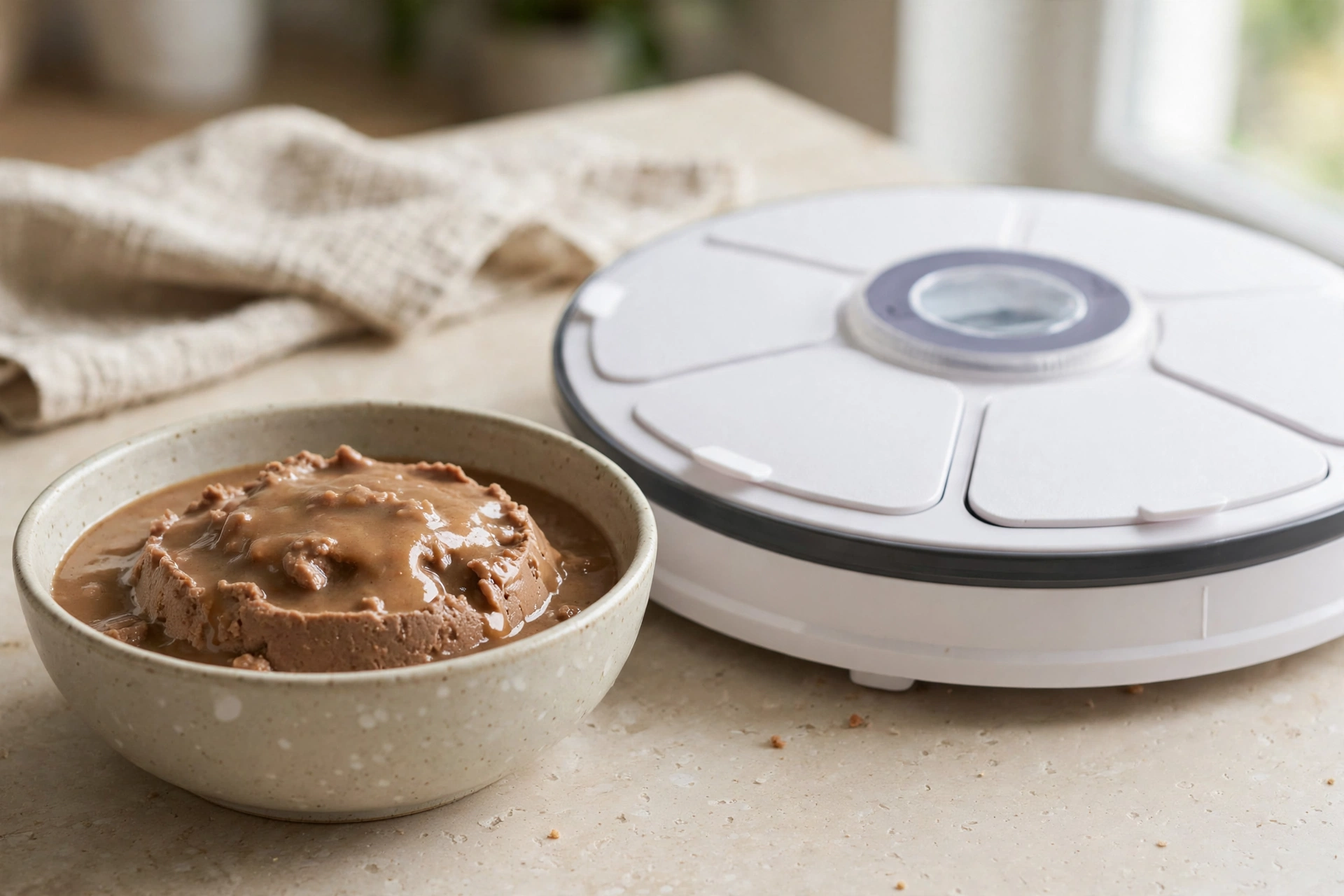 Best Automatic Cat Feeders: 8 Top Picks for Every Budget (2026) 13 Wet cat food beside a rotary timed feeder — the best automatic cat feeders for wet food use covered compartments with ice packs